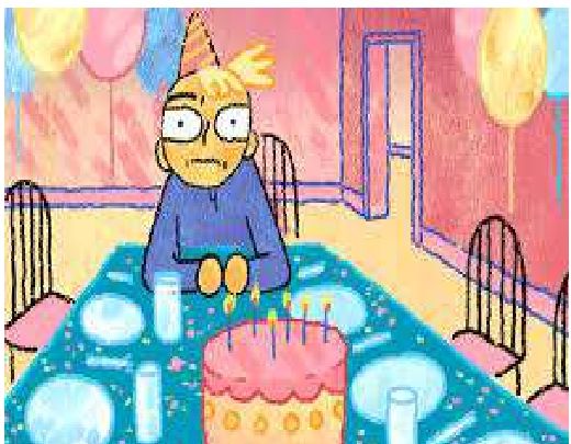 Fiche d'activité : dessin d'un garçon triste et seul à table avec un gâteau d'anniversaire, pour la lecture d'image
